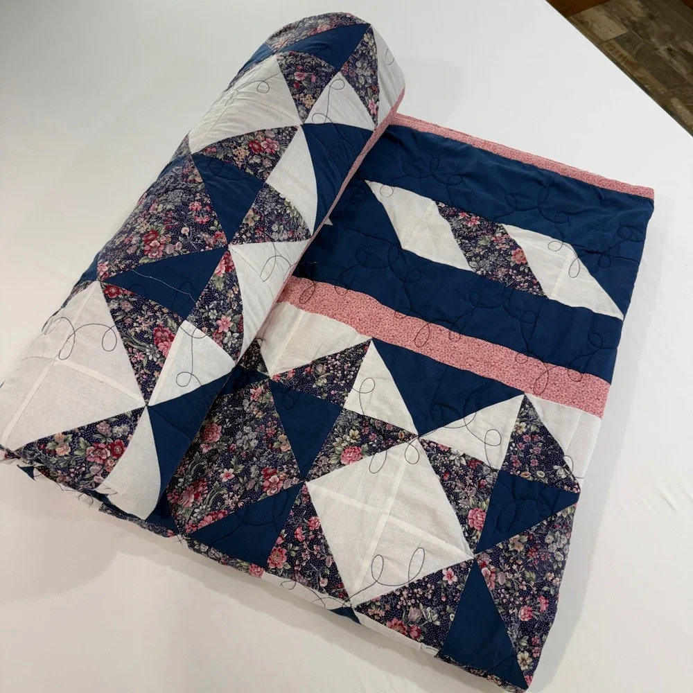 Vintage Handmade Star Patchwork Quilt Navy Pink Floral 100x101 King Queen 1999